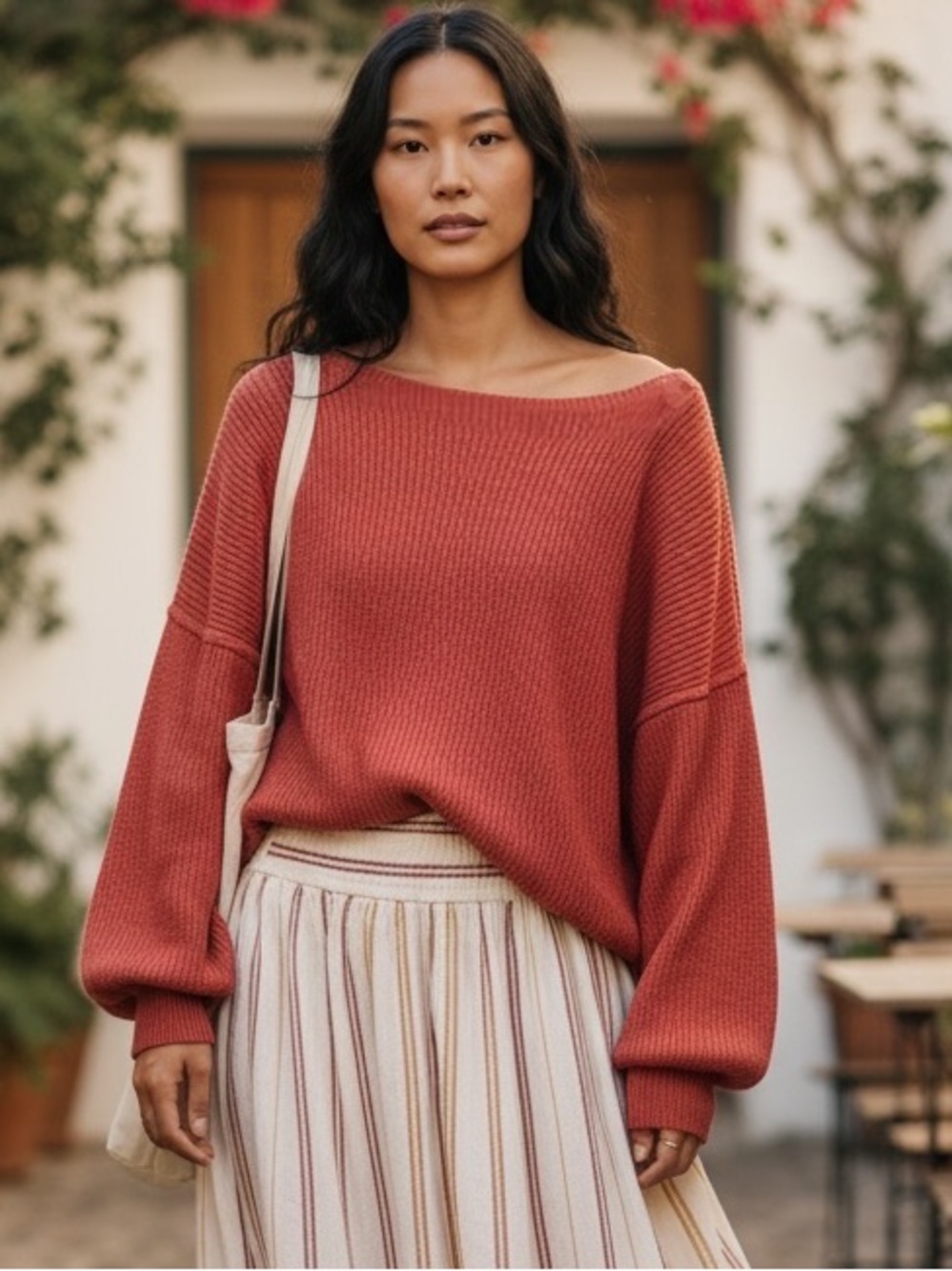 Talulah Woman’s Knit Open Neck Sweater in terra-cotta red size Small oversized